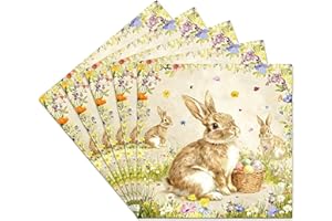 80Pcs Easter Bunny Paper Napkins Decorative Bunny with Wildflowers and Easter Eggs Basket Design Guest Towels Spring Floral L
