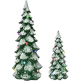 WDS WONDROUS Christmas Tree Figurine Light Up Green, 2Pcs Christmas Trees with Lights, Xmas Tree Figurines for Tabletop Mantel Shelf Fireplace Holiday Decorations for Home and Gift