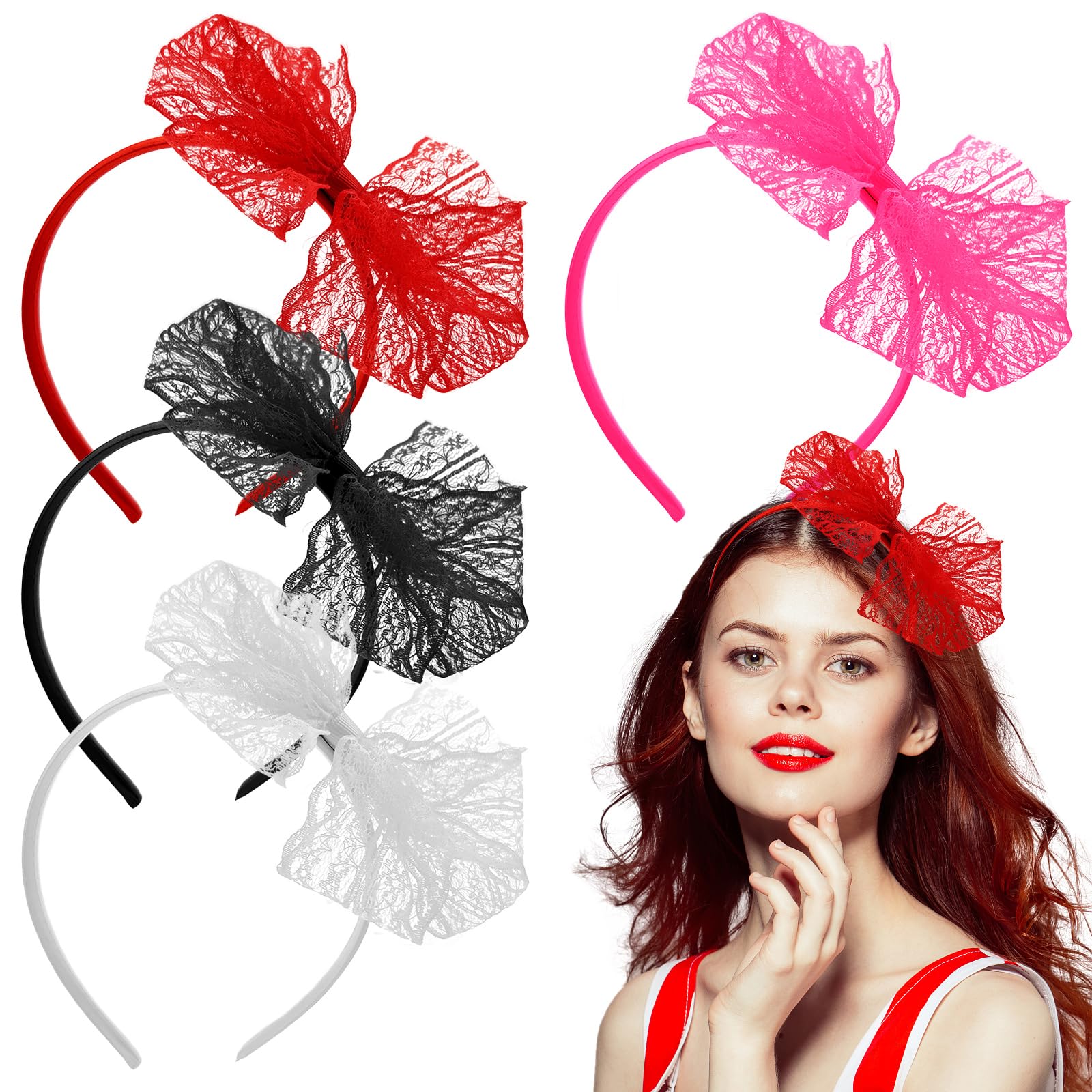 4 PCS Neon Lace Bow Headband,1980s Elastic Cosplay Hair Hoop Large Bowknot Lace Headband 80s Hair Accessories for Theme Party Women Girls Christmas Part Daily Decoration