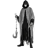 Grim Reaper Costume Set Unisex Halloween Hooded Cape Cosplay Ghost Cloak | Unisex | Set with Skull Mask & Chain Hook & Gloves | Vintage Distressed | Tattered Tassel Details | Easy Wear