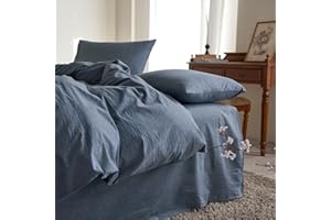 Wake In Cloud - Cotton Duvet Cover Set, Queen Size, Chambray Denim Blue, 100% Washed Cotton, Linen Like Textured, Breathable Percale Durable Comfy Farmhouse Neutral Bedding Set, 3 Pieces