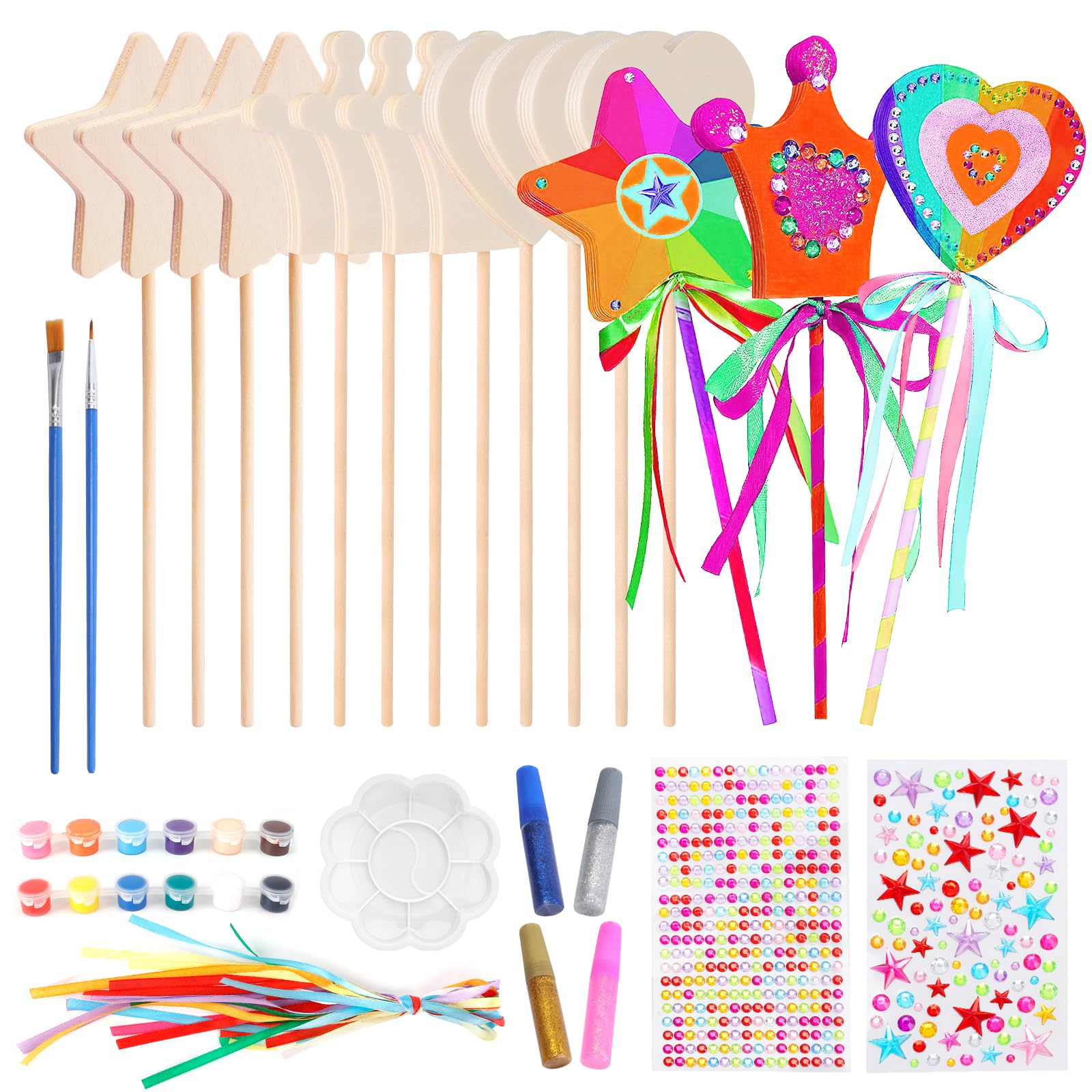 TOTSUN 12Pcs Princess Fairy Wands Kit, Wooden Craft Kits for Kids Make Your Own Wand Magic Star DIY Art and Accessories Girls(4Pcs Star+4Pcs Heart+4Pcs Crown), 3 Styles