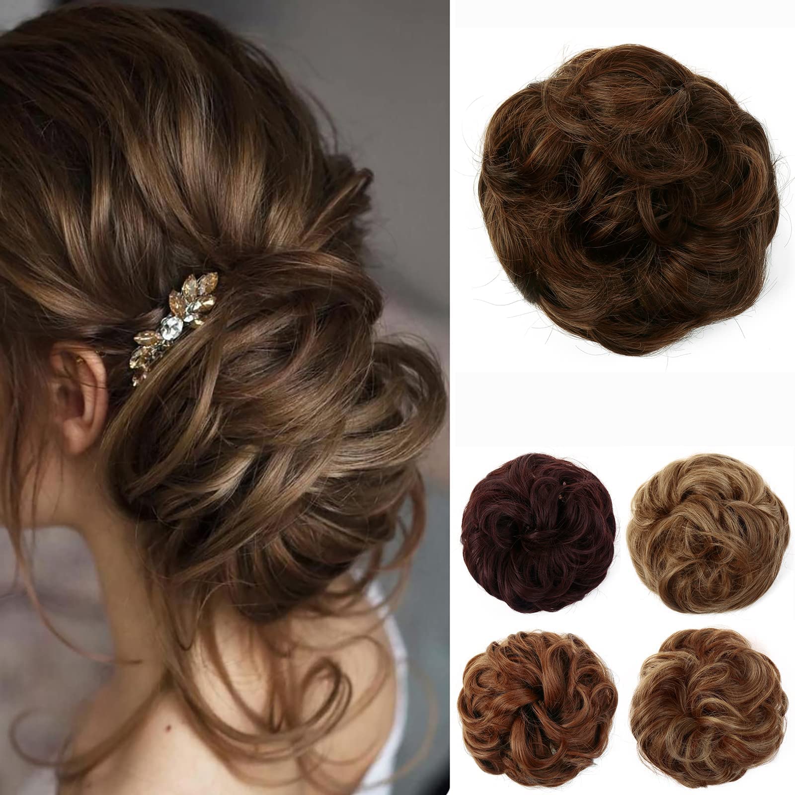 JJstar Messy Hair Bun Curly Wavy Hair Scrunchies Accessories Pieces for Women Girls Synthetic Chignons (Light Brown)