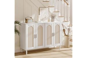 Garvee 47" Rattan Sideboard Buffet Cabinet with 4 Doors, Wooden Accent Cabinet with Charging Station, 4-Legged Boho Console T