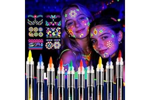 Sovano Glow Party Face & Body Paint Markers – 10 Neon UV Reactive Blacklight Tattoo Pens with Fluorescent Stickers, Water-Res