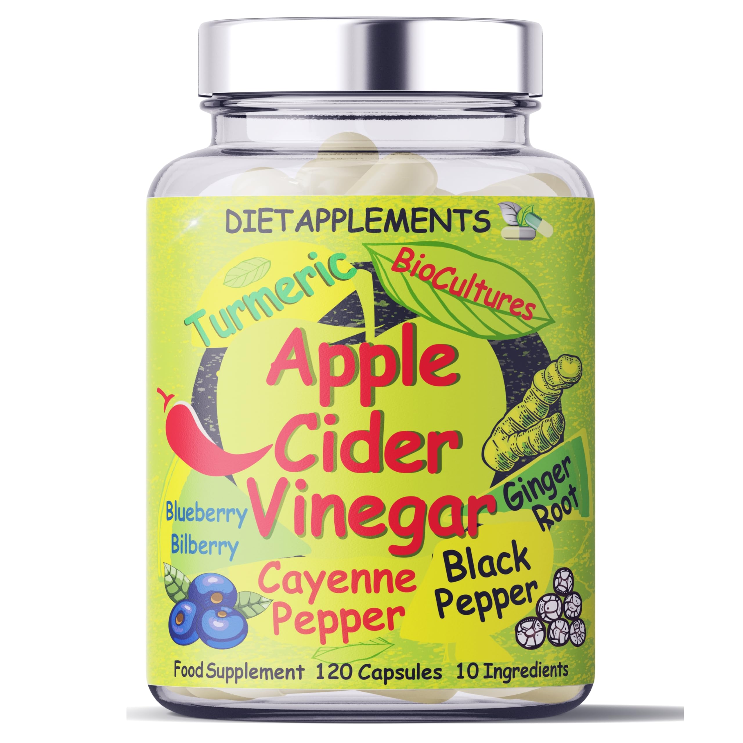 Raw, Unfiltered Apple Cider Vinegar with The Mother from Suffolk, Turmeric, Ginger, Black Pepper, Cayenne Pepper, Blueberries, Bilberries, High Strength Bio Cultures. 120 Vegan, Potent Capsules