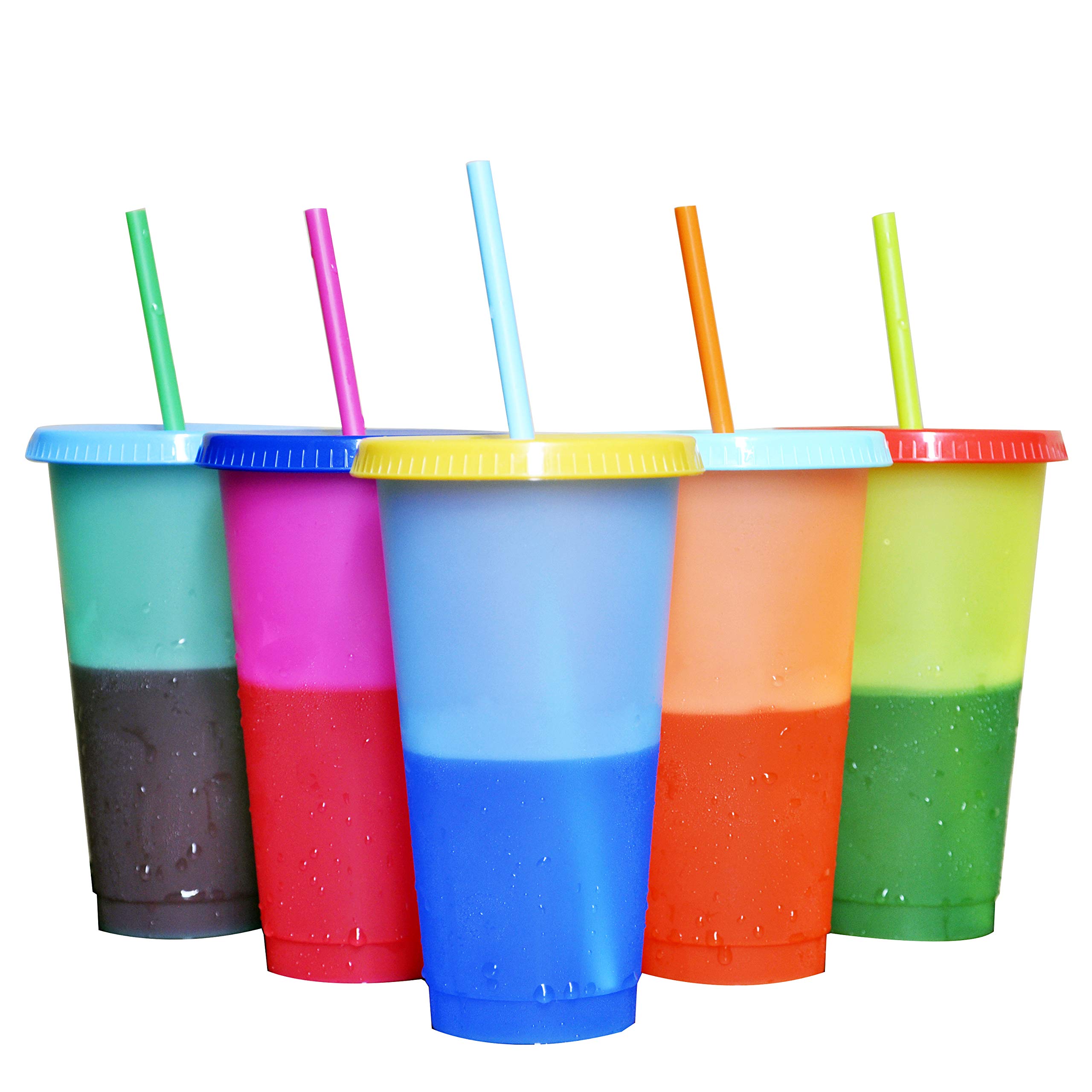 YISITUO 5 colors of plastic cup Variable color cup 24 oz Reusable plastic cup Color changing cup Plastic cup with cover and straw Color changing stadium cup, set of5 (One box (pack of 5))