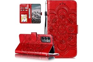 EYZUTAK Case for Samsung Galaxy A16 4G/5G, Premium Leather Magnetic Closure Flip Wallet Phone Case with Card Holder Cash Slot Stand Function Embossed Mandala Flower Slim Shockproof Lanyard Cover - Red