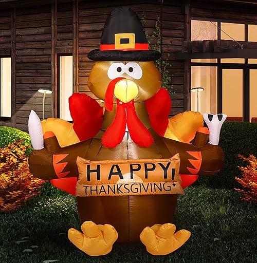 MVP BOY Thanksgiving Inflatable Turkey Holding Knife and Fork Decorations, MVP BOY 5FT Outdoor Indoor Blow up Thanksgiving Holiday Decor with LED Lights for Home Yard Garden Lawn (Turkey)