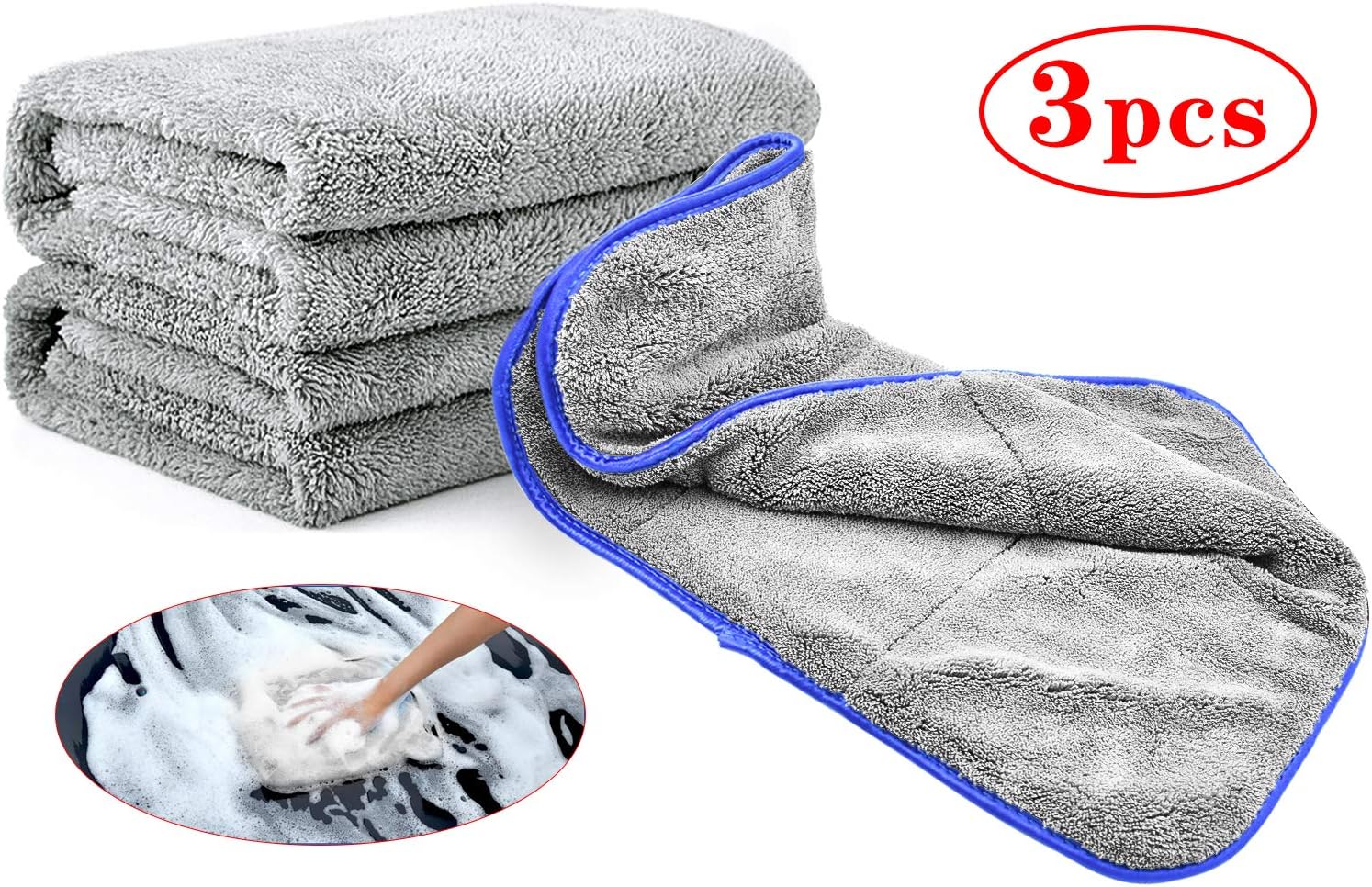 Wandefol 3PCS Microfiber Cleaning Cloths,Car Drying Towel 1200gsm Professional Soft Microfiber Towel Microfibre Thick Plush Cloths 42x48 cm