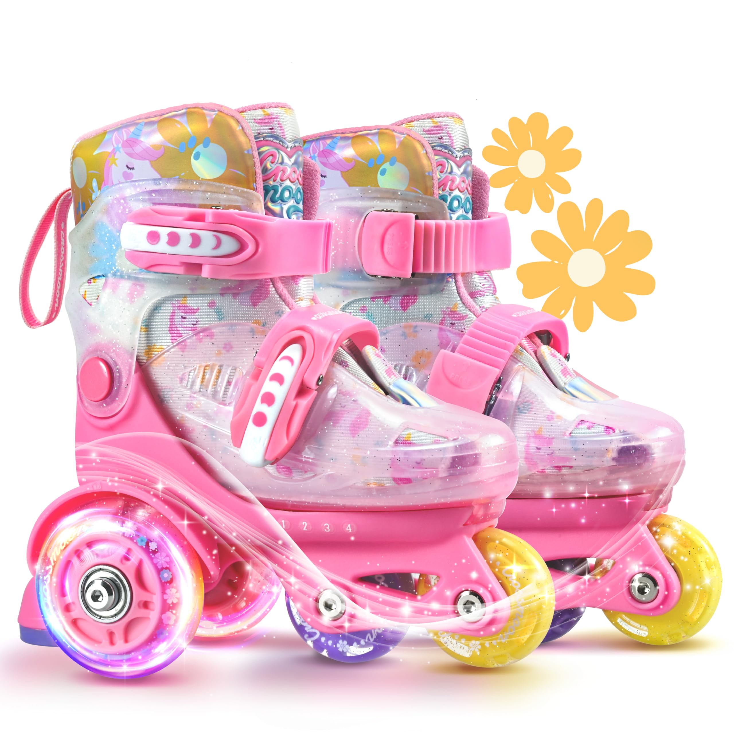 Photo 1 of Unicorn Toddler Roller Skates, 4 Adjustable Sizes, Fun Light-Up Wheels, Safety Three-Point Type, Breathable Upper, Beginner Roller Skates for Kids, Boys & Girls (Fairy Pink, S-Small(11C-1 US))
