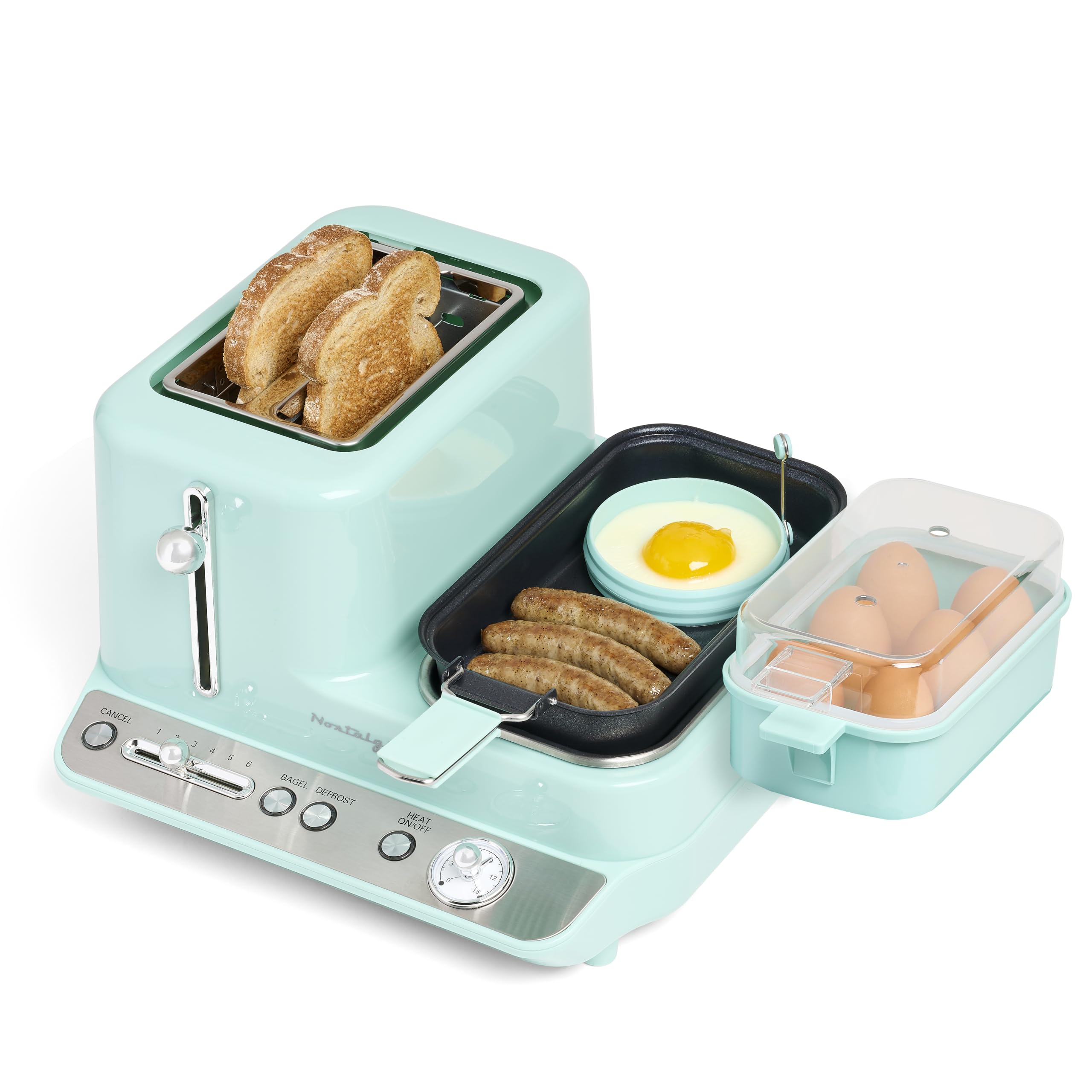 Estación de desayuno 3 en 1 Nostalgia Classic Retro - Incluye vaporizador de huevos y verduras, plancha antiadherente y tostadora ancha de 2 ranuras - Estación de cocina versátil para preparar desayuno con control de tostado