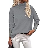 Rapbin Turtleneck Sweaters for Women 2026 Fall Winter Long Sleeve Knit Pullover High Low Hem Sweater with Metal Buttons