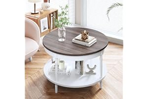 CHEEMHOM Round Coffee Table - 33" Solid Wood Farmhouse Table for Living Room, 2-Tier Rustic Circle Desktop with Storage Shelf Modern Design Home Furniture Brown & White