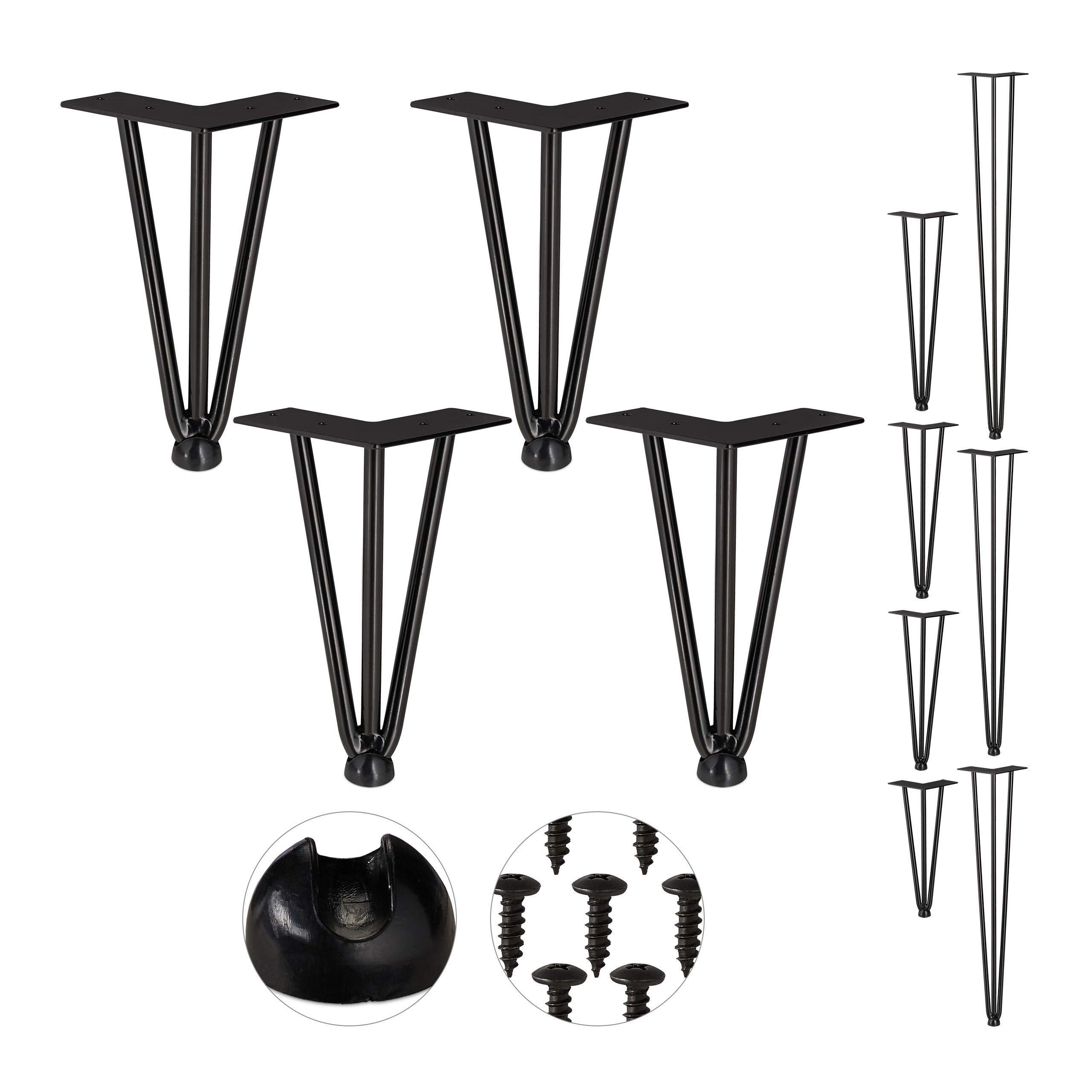 Relaxdays Hairpin Legs, Set of 4, 3 Bars, Metal, Table Support for Shelf and Stool, 20 cm, Black