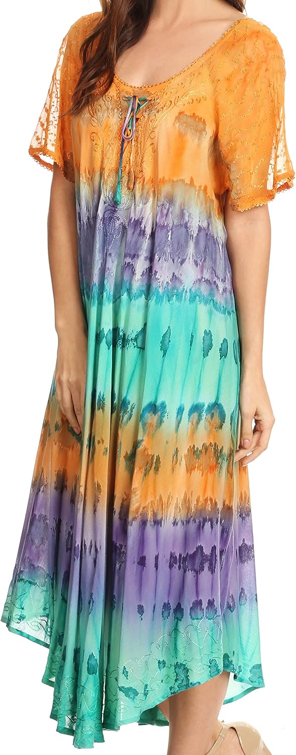 Sakkas 17506 - Sula Long Laced Cotton Tie-Dye Wide Neck Embroidered Boho Sundress Cover Up - Orange/Mint - OS - Image 4