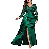MISSMAY Women's Plus Size Sequins Lace V Neck Long Ruched Satin Slit Mermaid Hem Formal Party Long Dress