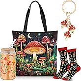 Paterr 4 Pcs Mushroom Gifts for Women Mushroom Lover Gift for Mother's Day Birthday Decorations, with Canvas Tote Bag 16oz Glass Coffee Cup with Straw Socks Cute Keychain