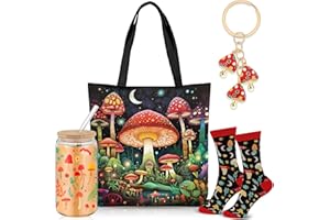 Paterr 4 Pcs Christmas Mushroom Gifts for Women Mushroom Themed Gift for Birthday with Canvas Tote Bag 16oz Glass Coffee Cup with Straw Socks Cute Keychain