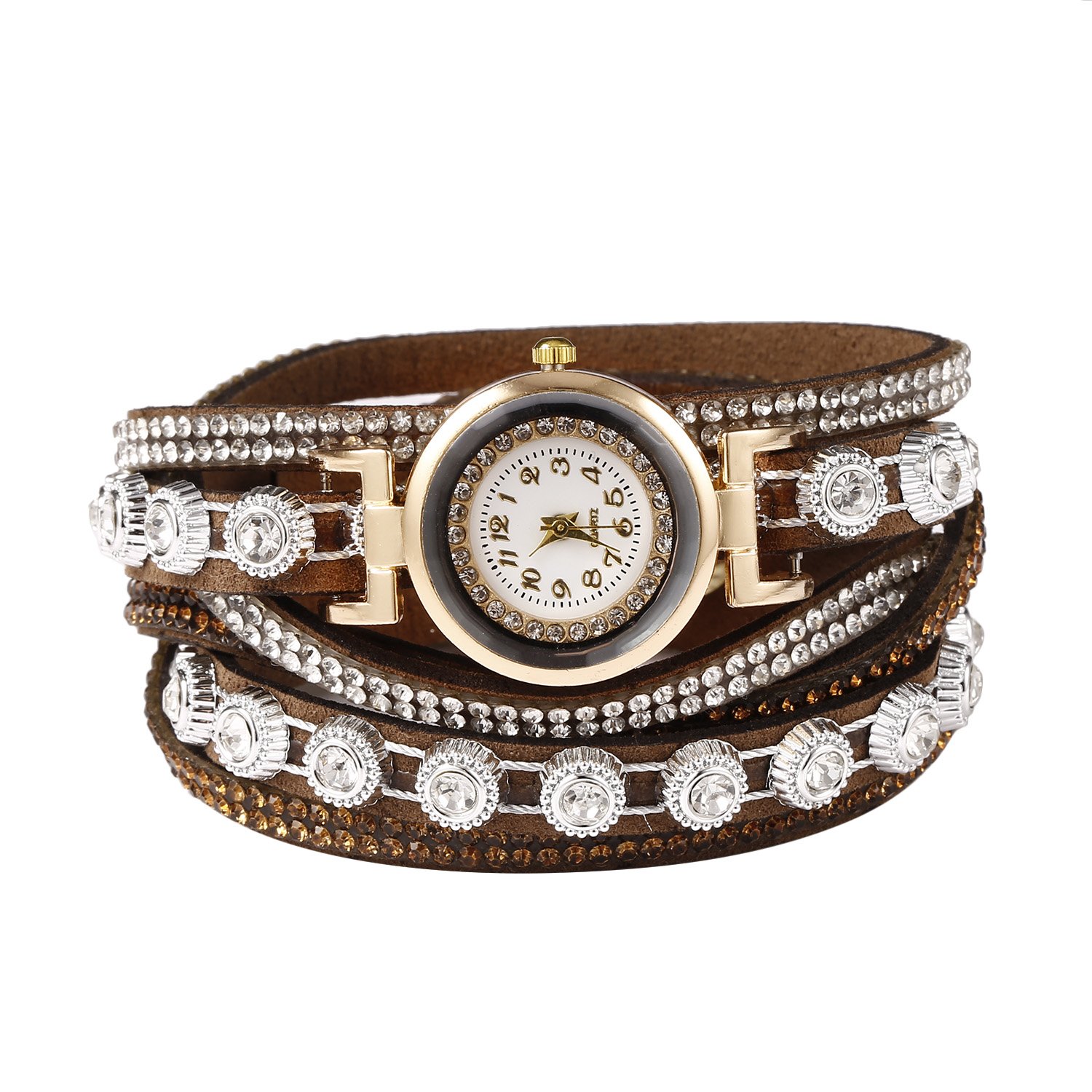Zouvo Women Fashion Casual Decor Round Rhinestone Bracelet Watch (Coffee)