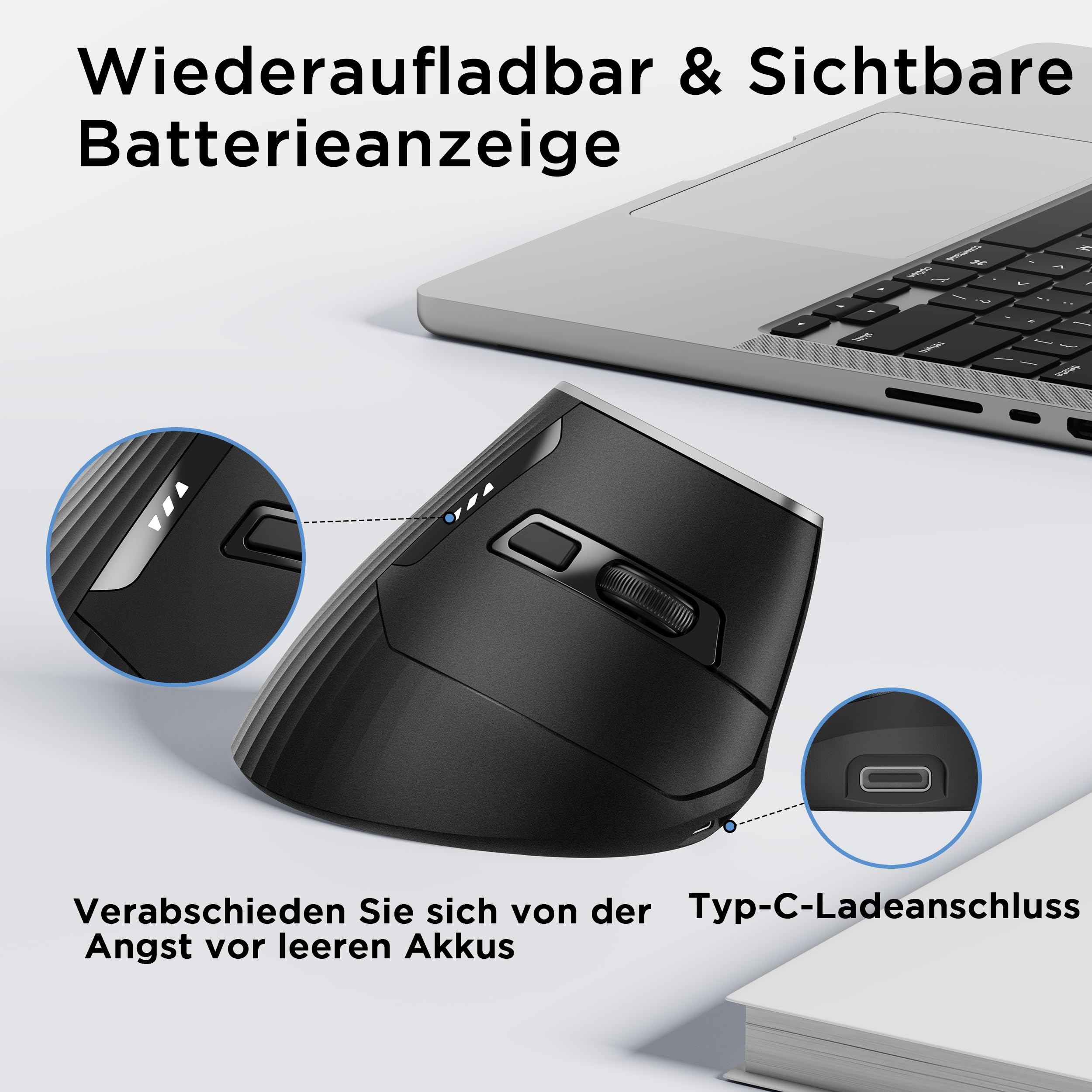 Uineer kabellose Maus, Multi-Device Tri-Mode Maus, sichtbare Leistungsstufe (2.4G+BT4.0/BT5.0) Wiederaufladbare Wireless Mouse, 4 einstellbare DPIs, 6 Tasten, für Laptop, Desktop, PC (Schwarz) 5