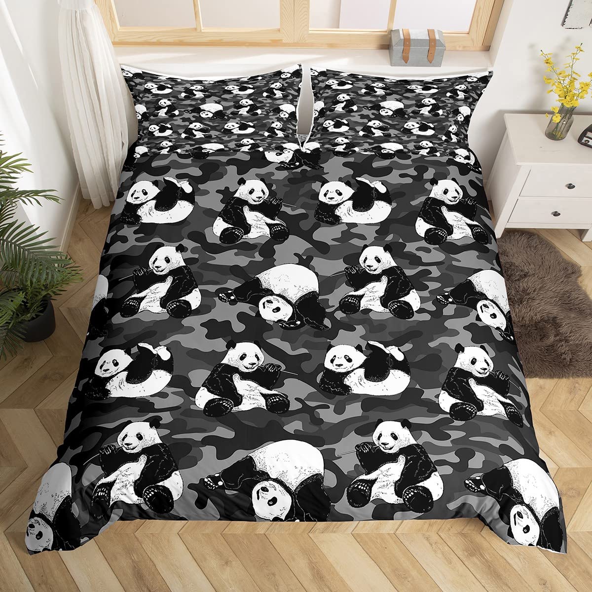 Kids Panda Duvet Cover Set Cute Panda Camouflage Bedding Set for Children Boys Girls White Black Comforter Cover Camo Panda Lover'S Quilt Cover Room 3Pcs King Size,Zipper