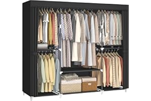 MOGELAFOO 64.5" Closet Wardrobe, Portable Closet for Bedroom, Freestanding Clothes Rack with Non-Woven Fabric Cover, 5 Hanging Rods, 6 Storage Shelves, Clothes Storage Organizer, Black
