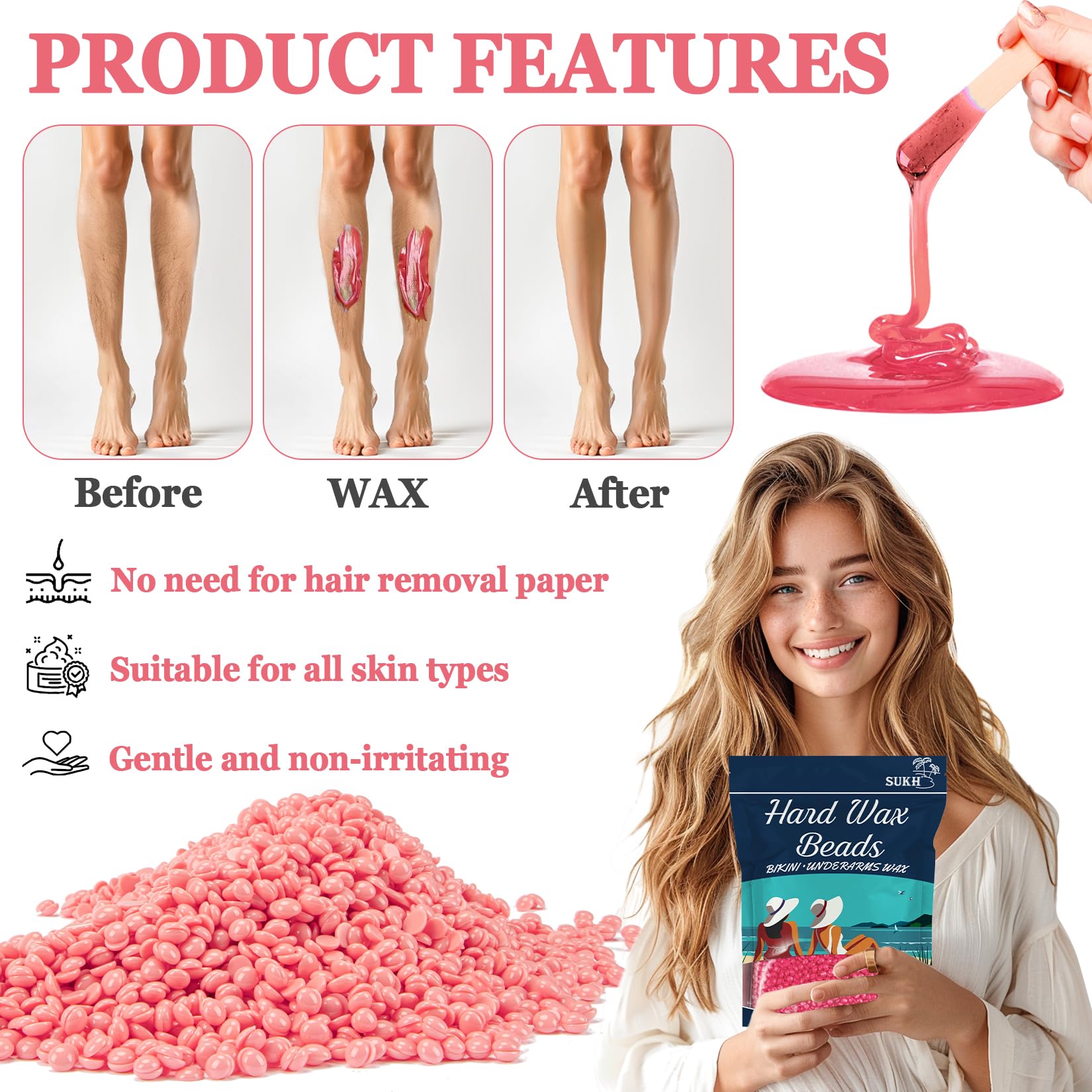 Sukh Hard Wax Beads for Hair-Removal - 430g, Pink, Rosin-Free, Moisturizing, Gentle on Skin, Avoids Razor Burn, Unisex, for Back, Legs, Armpit, Bikini Line, Arms, Body