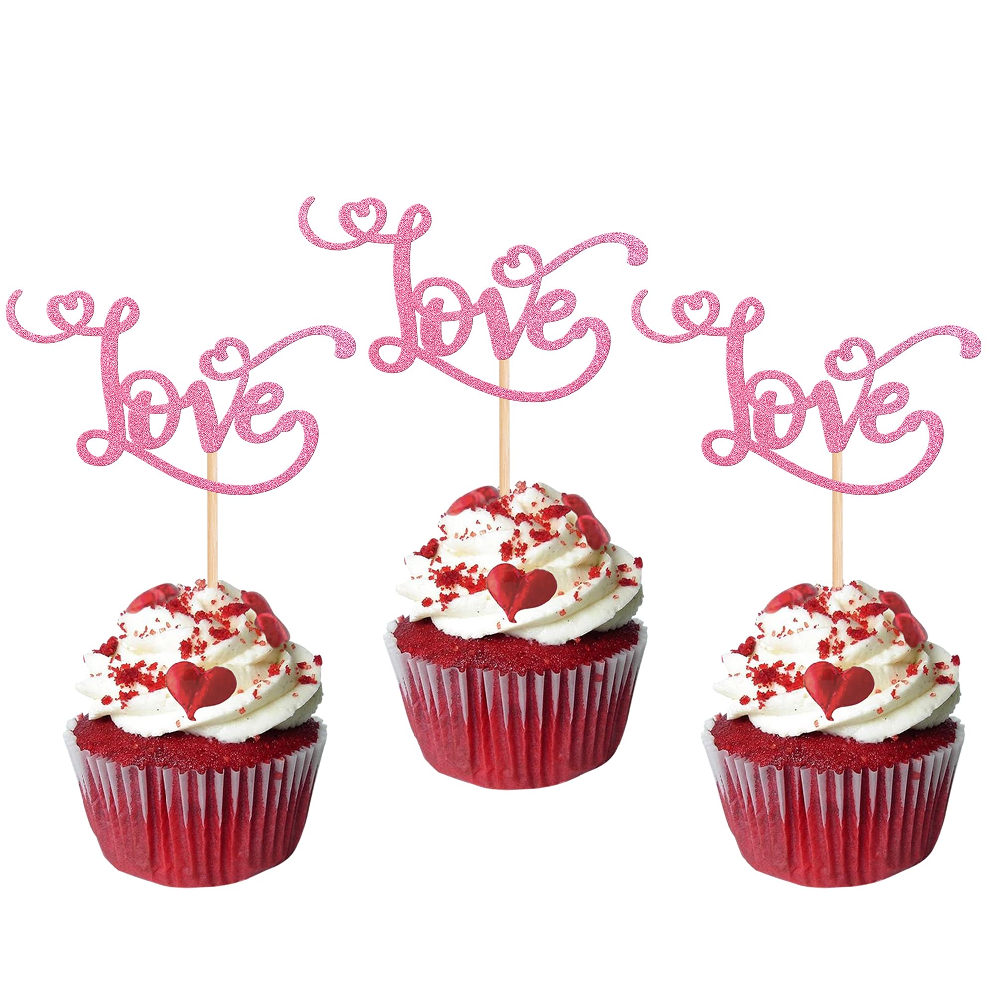 Xsstarmi 30 Pack Love Valentine's Day Cupcake Toppers Pink Glitter Love Heart Wedding Engagement Cupcake Picks for Valentine's Day Theme Bridal Shower Anniversary Party Cake Decorations Supplies