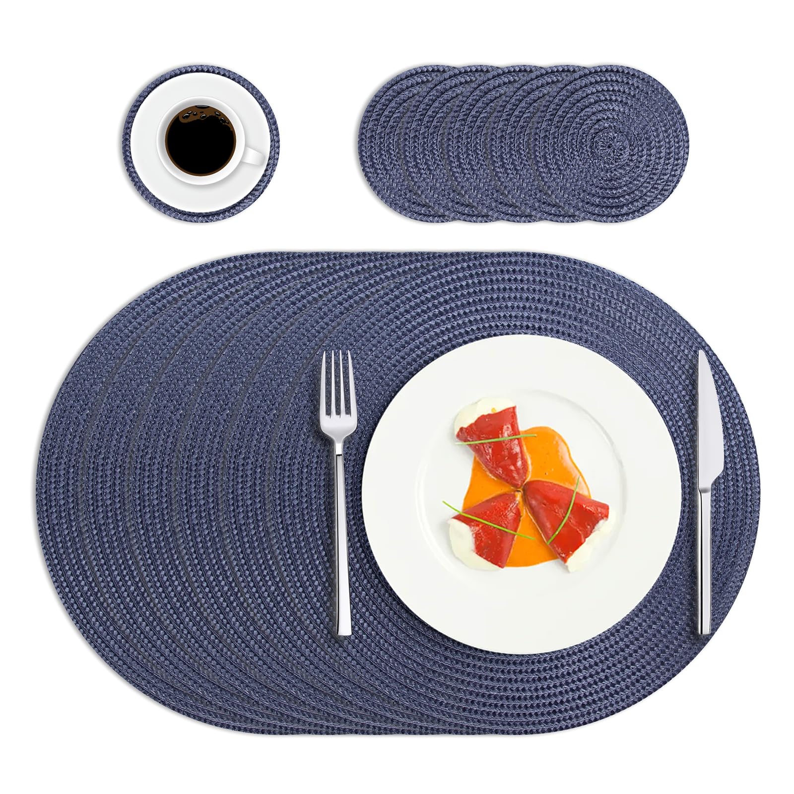 HPMAISON Blue Round Placemats and Coasters Set of 6, Polypropylene Braided Woven Table Mats Heat-Resistant Washable Kitchen Dining Place Mats Set of 6 for Home, Restaurant Hotel, Outdoor, Party