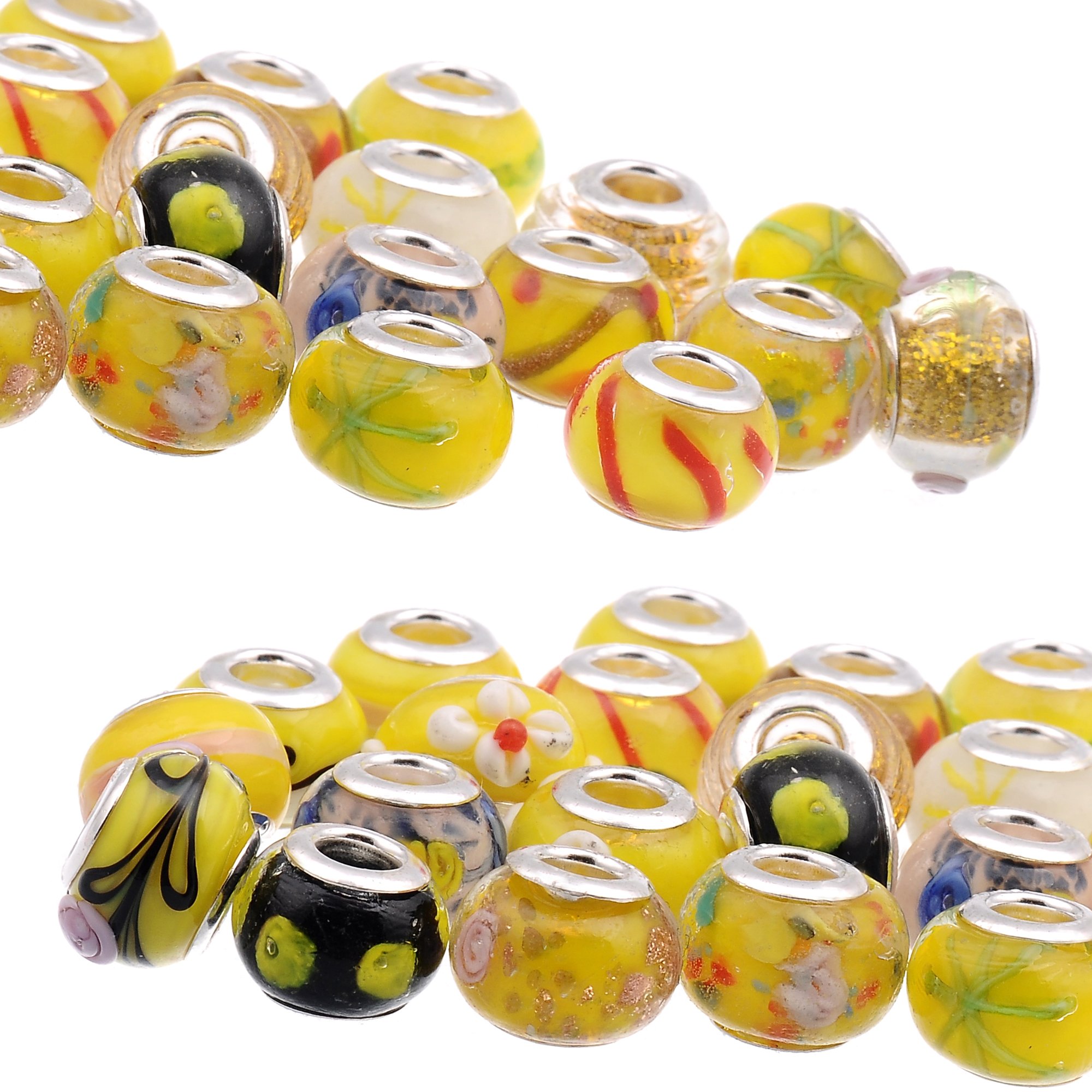 RUBYCA Mix Yellow Murano Lampwork Glass Bead Rondelle European Charm Bracelet Silver Color 90pcs