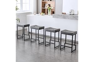FIRAVOE Bar Stools Set of 4, 24" Counter Height Bar Stools, Faux Leather Barstools for Kitchen Island, Backless Saddle Stools with Metal Legs (Grey, 4PCS 24" Counter Stools)