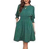 Summer Dresses for Women 2025 Casual 3/4 Sleeve Smocked Dress Crew Neck Elastic Waist A-Line Knee Length with Pocket