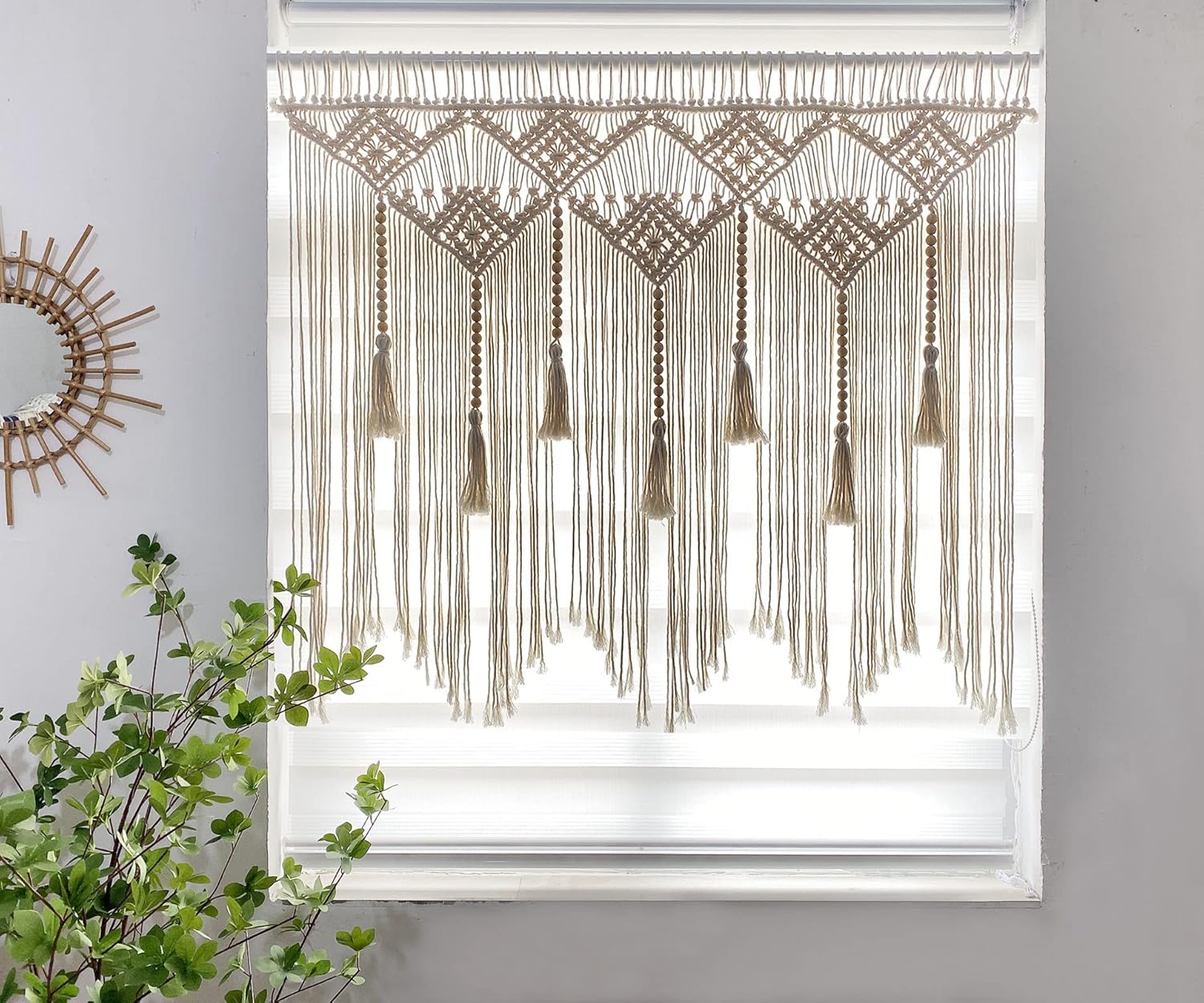 Tapestries - Youngeast Large Macrame Wall Hanging Macrame Headboard for Bedroom Macrame Window Curtains Boho Wall Decor Wall Art tapestry Tassel Woven Wall Backdrop 31”X39” (Wood Dowels Not Included)
