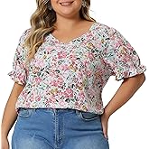 Agnes Orinda Plus Size Floral Tops for Women's V Neck Ruffle Short Sleeve Blouses Chic Summer Tops