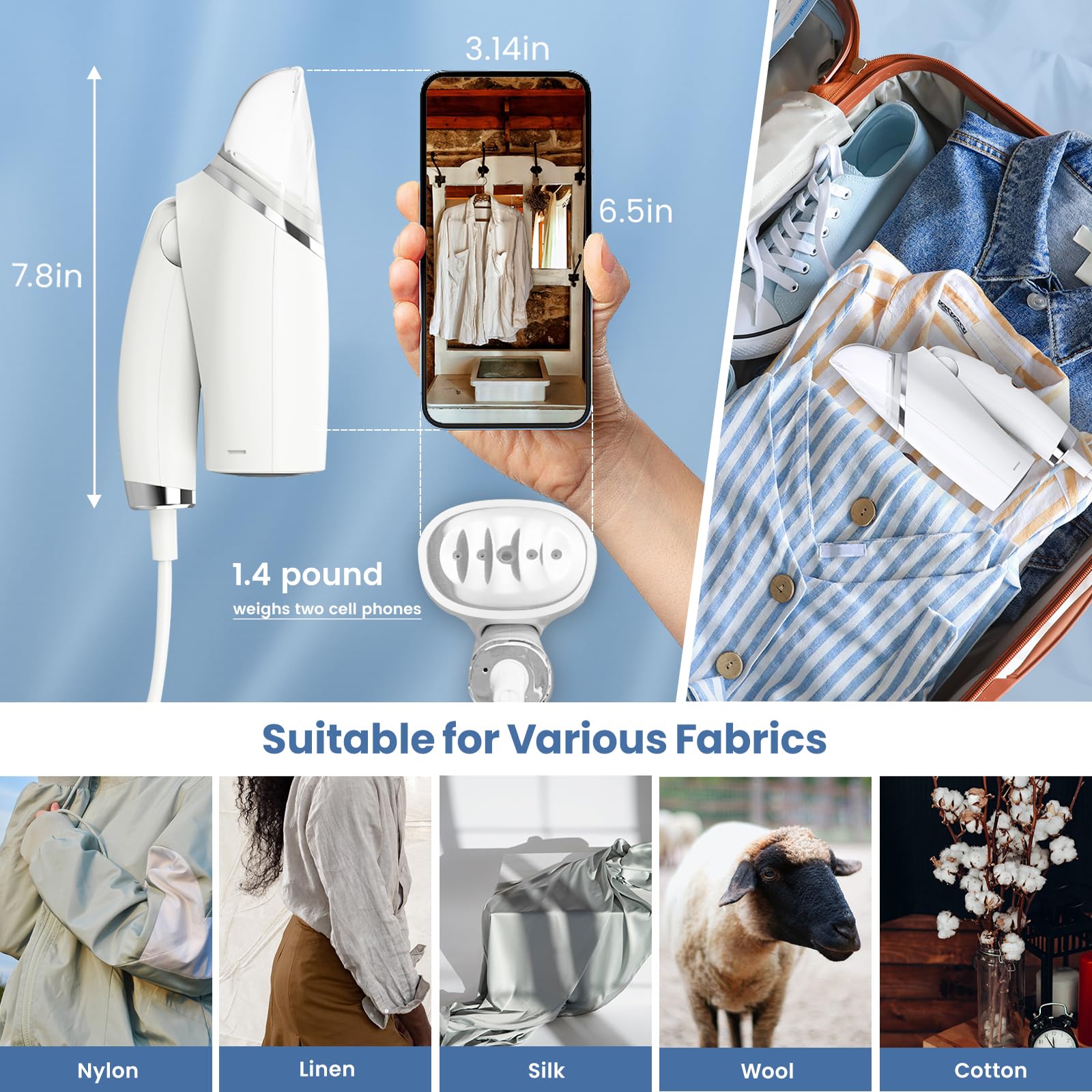 Travel Steamer for Clothes Portable Mini - 1000W Clothes Steamer Handheld Foldable, Fast Head-up Fabric Garment Steamer Removes Wrinkles, 120V Iron Steamer with Brush & Measure Cup for Home (Grey)