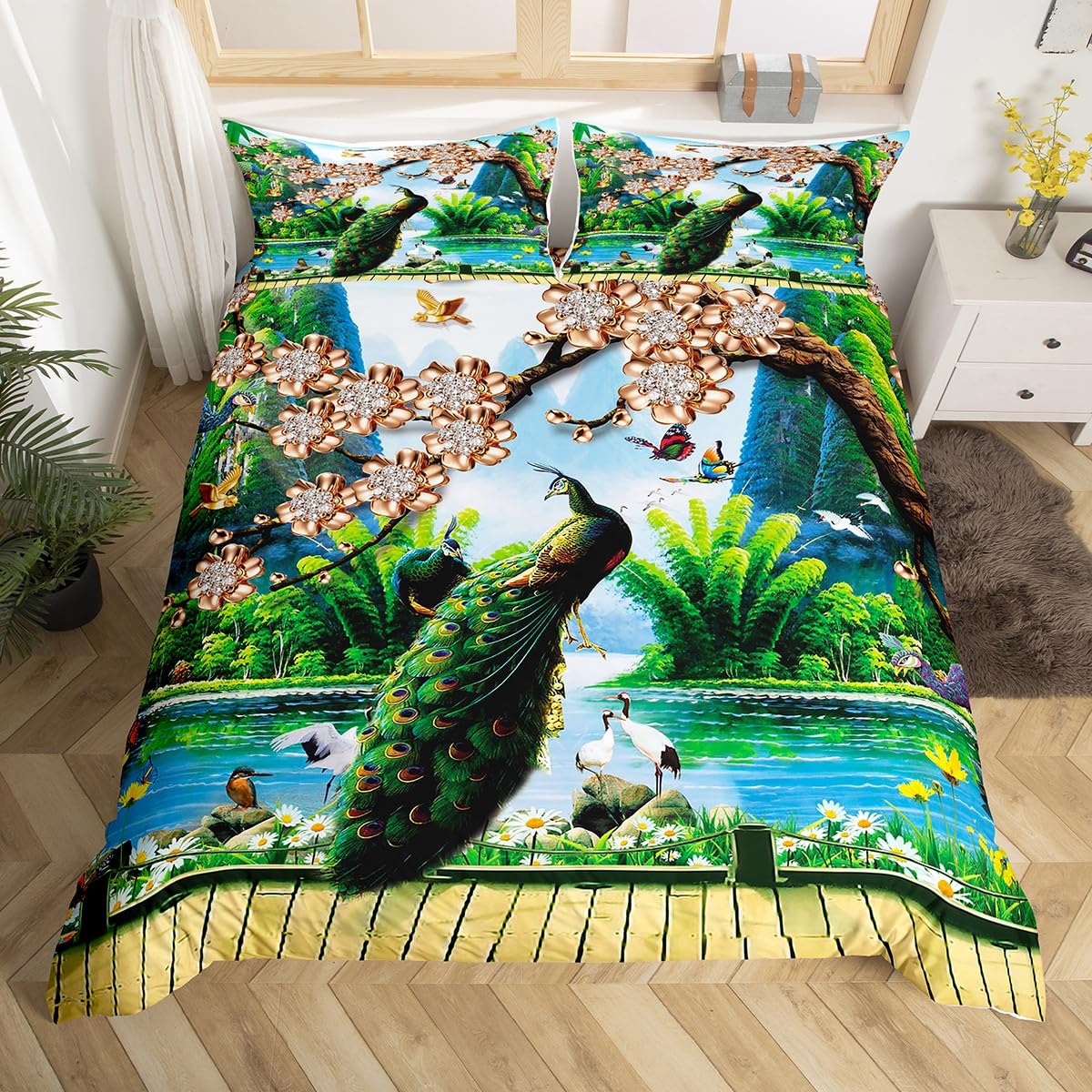 Peacock Comforter Cover Set Mountain Tree Flowers Crane Birds Decor Duvet Cover Animal Theme Bedding Set 3pcs for Kids Soft Polyester Quilt Cover with 2 Pillow Cases(No Comforter) Super King Size