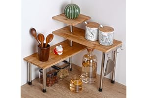 HYNAWIN 3 Tier Corner Shelf Bamboo & Metal Storage Spice Rack-Desk Bookshelf Display Shelves Space Saving Organizer -Adjustable Rack for Kitchen,Bed Room, Office-Best Home Décor (Upgraded Shelf)