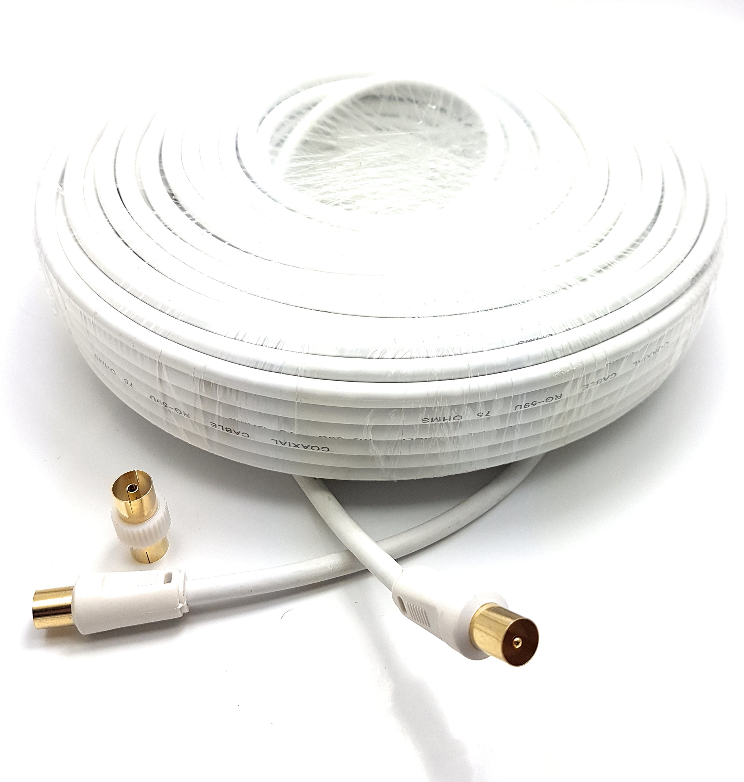MainCore 50m Long White Gold Plated RF TV Freeview Plug to Plug White Aerial Antenna Lead Cable with Coupler (50m)