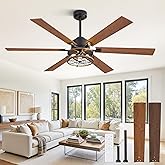 Glowivia 60 Inch Farmhouse Ceiling Fans with Lights and Remote,Black Industrial Caged Plug in Ceiling Fan with 6 Speeds and Reversible DC Motor,Double-Sided 6 Blades for Bedroom Living Room Garage