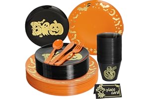 ISFANGCO ISFANCO 175PCS Plastic Halloween Dinnerware Set for 25 Guests,Heavy Duty Orange Dinner Plates with Gold Bats, Black Dessert Plates with BOO, Black Clear Cups with Ghost and Orange Cutlery