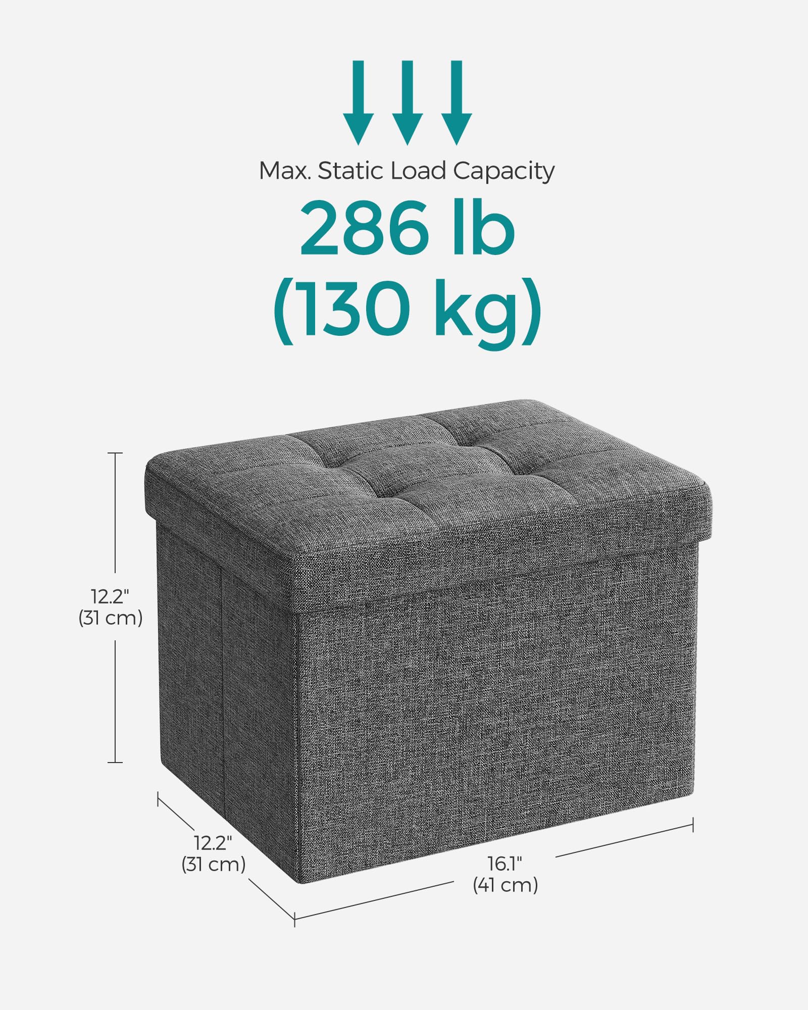 SONGMICS Mazie Collection - Small Folding Storage Ottoman, Foot Rest Stool, 12.2 x 16.1 x 12.2 Inches, 286 lb Load Capacity, for Living Room, Bedroom, Home Office, Dorm, Dark Gray ULSF102G01