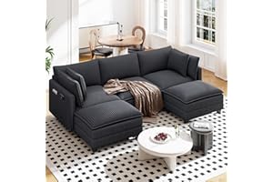 Vesgantti 109" U Shaped Cloud Sectional Sofa, Comfy Corduroy Upholstered Sectional Modular Sofas for Living Room, Modern Modular Couch with 2 Ottoman Deep Seat, Dark Grey