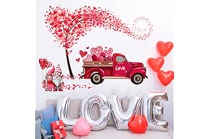 Yovkky Gnome Red Truck Wall Decals Stickers, Valentine's Day Pink Heart Tree Home Bedroom Decor, Buffalo Plaid Check Wedding Anniversary Romantic Living Room Kitchen Decorations Art for Couple