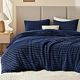 EXQ Home Fluffy Comforter Set Full Size - Super Soft Faux Fur Stripe Jacquard Comforter 3 Pieces, Navy Blue Fleece Bedding Set,Winter Warm Bed Set,1 Comforter with 2 Pillowcases