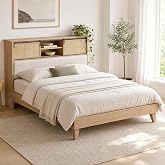 GarveeHome Bed Frame, Wood Platform Bed with Storage Headboard | Boho, Natural, Upholstered Headboard, Rattan Doors, Bulit-in Charging Station, Bookcase, No Bos Spring Needed, Noise-Free
