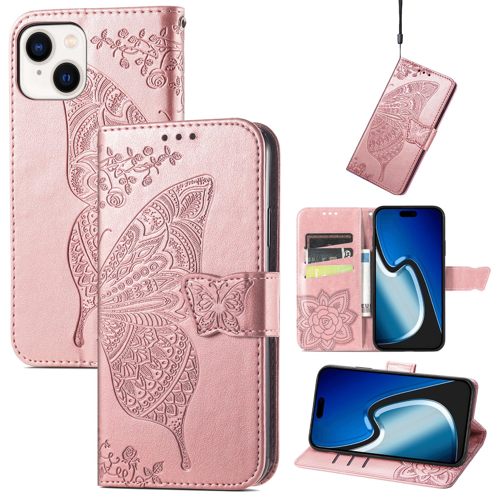 JIUNINE Case for Apple iPhone 15, Leather Wallet Case Flip Cover with Butterfly Embossed Pattern [Card Holder] [Magnetic Closure] [TPU Inner Shell] for Apple iPhone 15, Rosegold