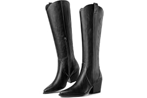 Susanny Knee High Cowboy Boots for Women Embroidered Western Cowgirl Boots for Womens Mid Calf Chunky Heel Pull on Stitching Zipper Pointed Toe Mid Low Heel Boots