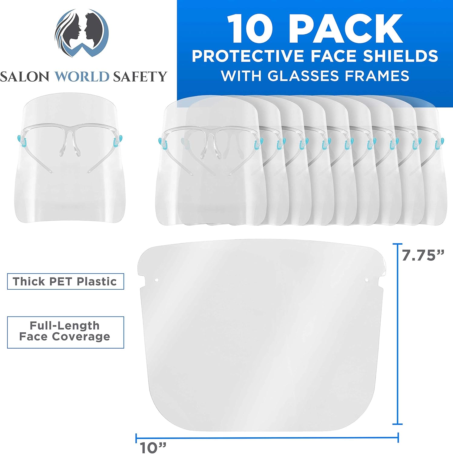 TCP Global Salon World Safety Face Shields with Glasses Frames (Pack of 10) - Ultra Clear Protective Full Face Shields to Protect Eyes, Nose, Mouth - Anti-Fog PET Plastic Sanitary Droplet Splash Guard - - 