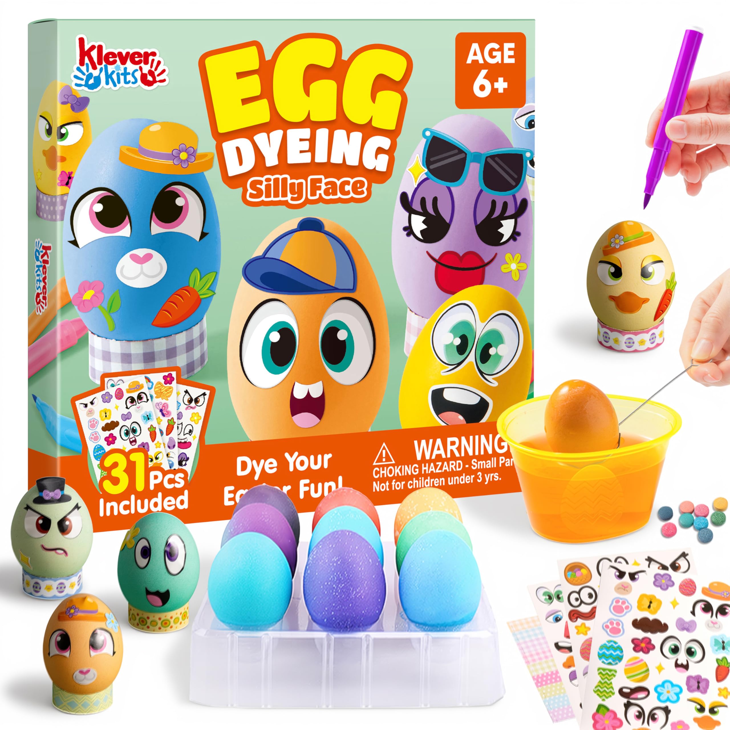 Klever 31PCS Easter Egg Decorating DIY Kit with Dye Tablets and Easter Make a Face Stickers, Coloring Dyeing Set for Kids Theme Party, Egg Hunt Creativity Activity